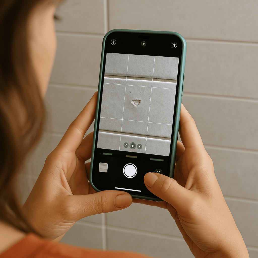 Person taking a photo of a wall defect with their phone